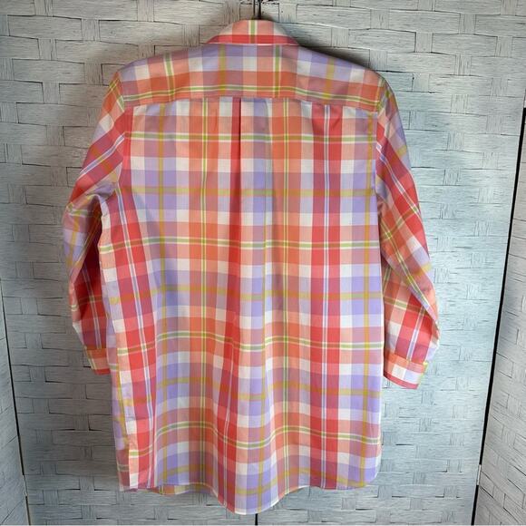 Lands’ End button-down shirt 3/4 sleeve plaid, pastel, spring, colorful feminine - Picture 2 of 9